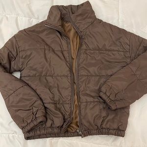 brown puffer jacket